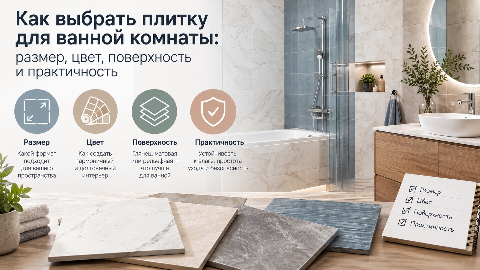 Как выбрать плитку для ванной комнаты: размер, цвет, поверхность и практичность